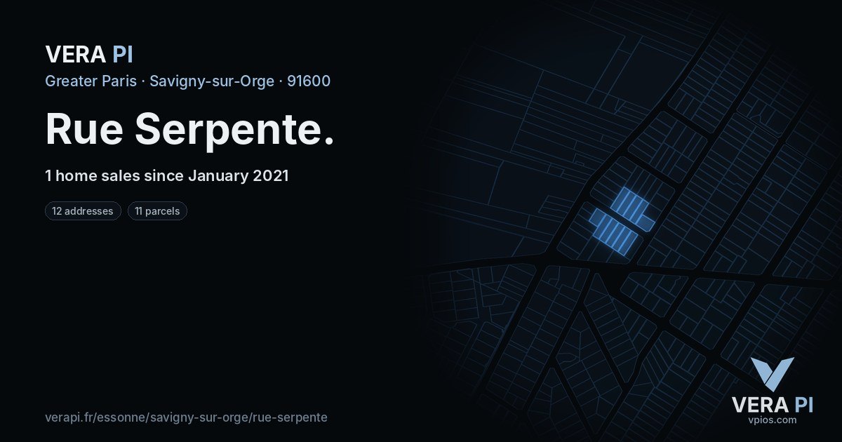 Rue Serpente, Savigny-sur-Orge at night – every parcel coloured by the prices around it, the street's own parcels lit