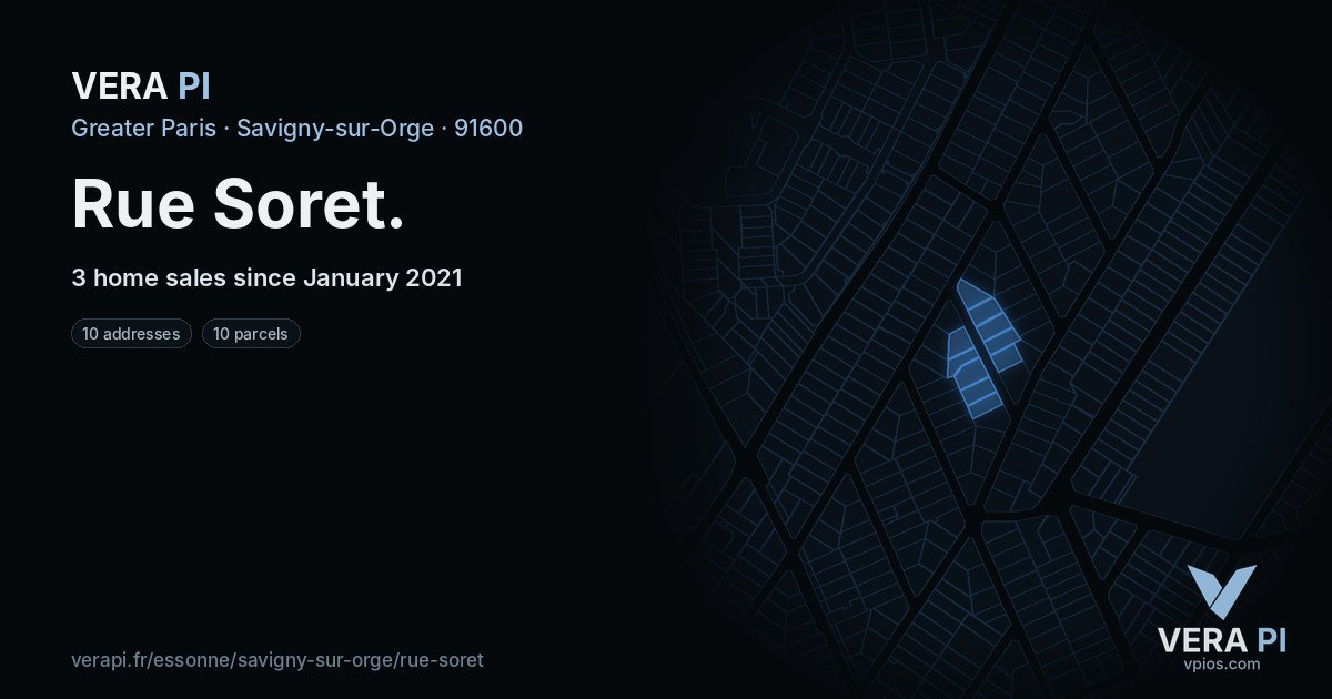 Rue Soret, Savigny-sur-Orge at night – every parcel coloured by the prices around it, the street's own parcels lit