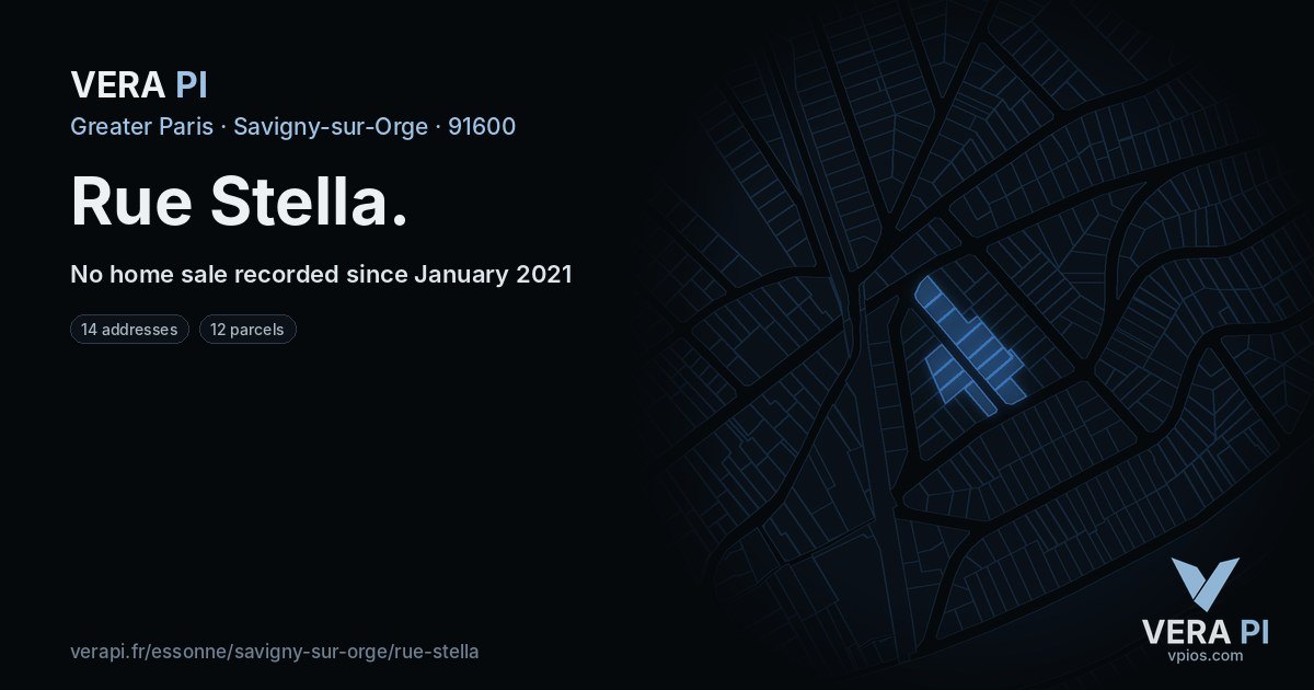Rue Stella, Savigny-sur-Orge at night – every parcel coloured by the prices around it, the street's own parcels lit
