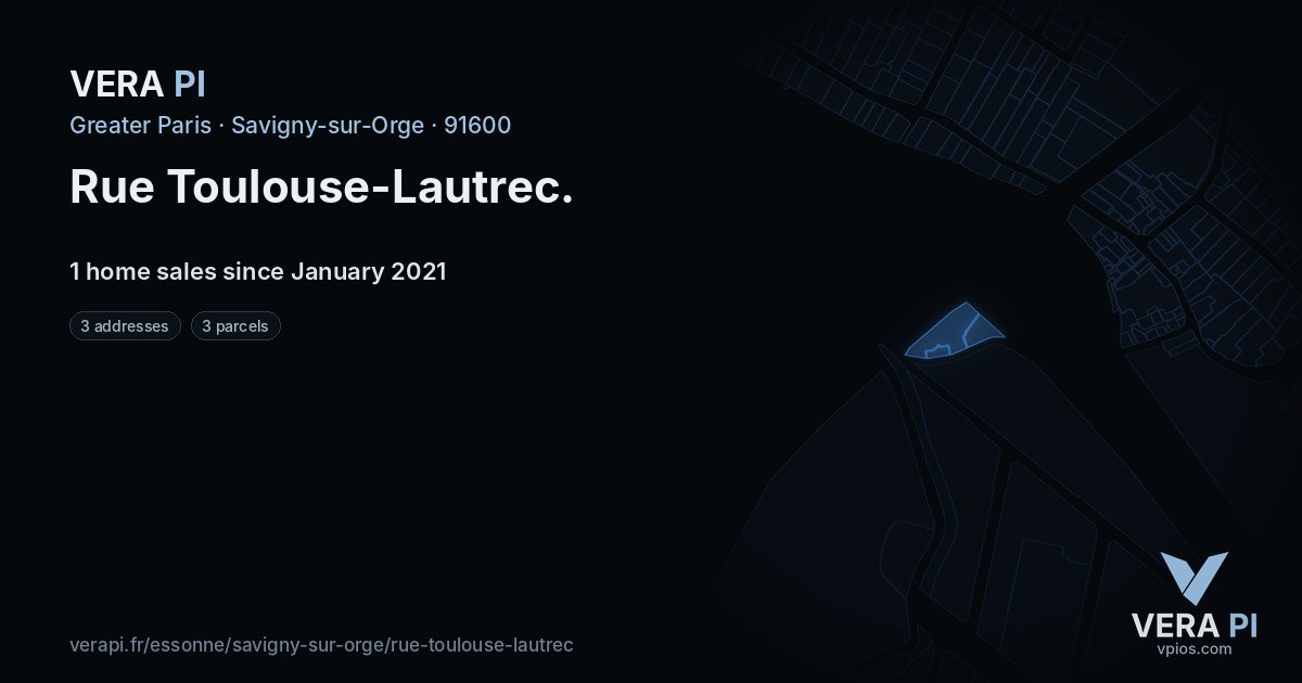 Rue Toulouse-Lautrec, Savigny-sur-Orge at night – every parcel coloured by the prices around it, the street's own parcels lit