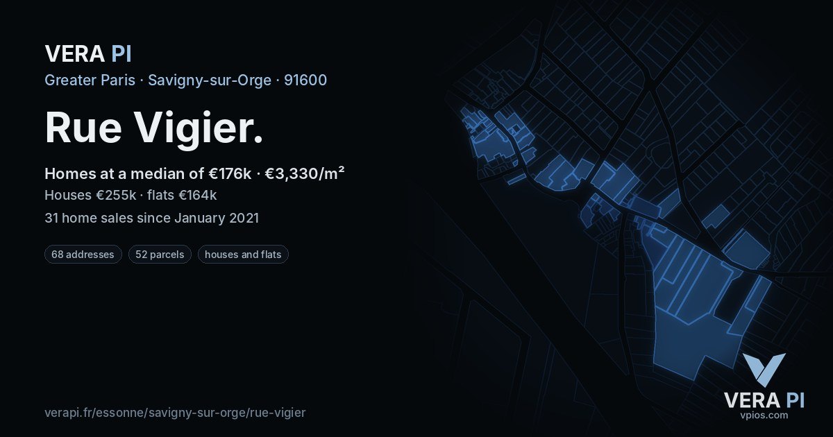 Rue Vigier, Savigny-sur-Orge at night – every parcel coloured by the prices around it, the street's own parcels lit