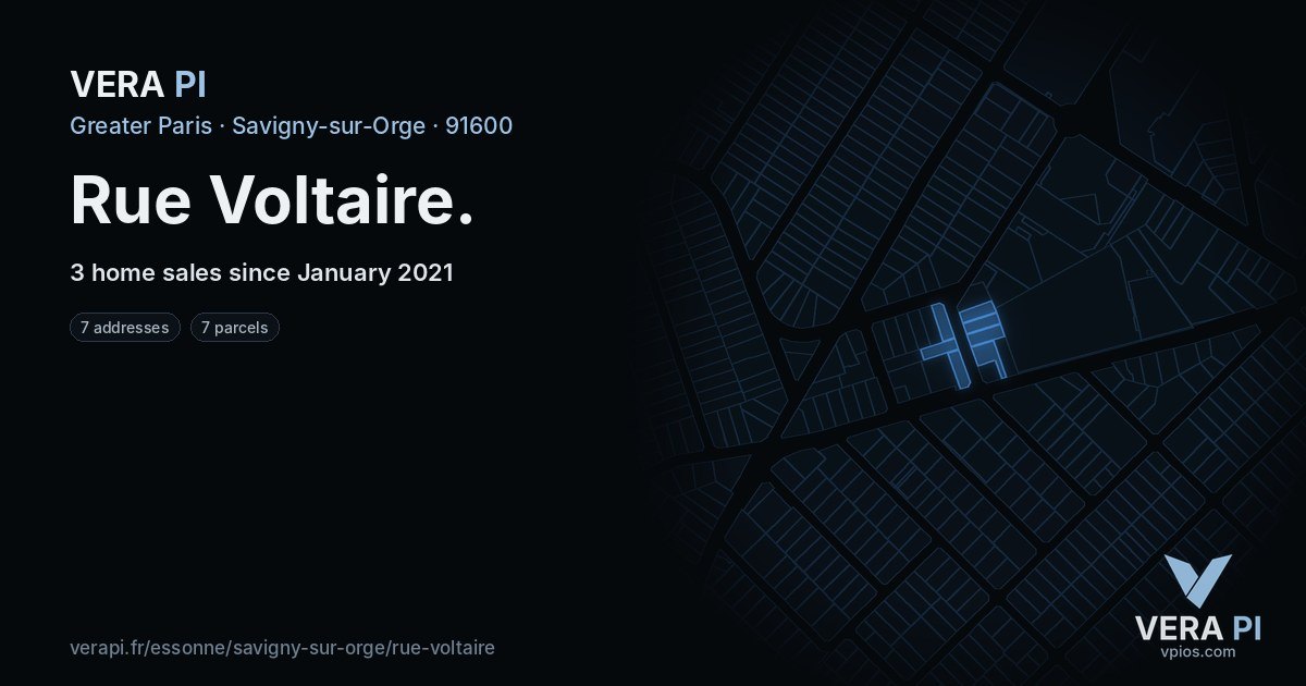 Rue Voltaire, Savigny-sur-Orge at night – every parcel coloured by the prices around it, the street's own parcels lit