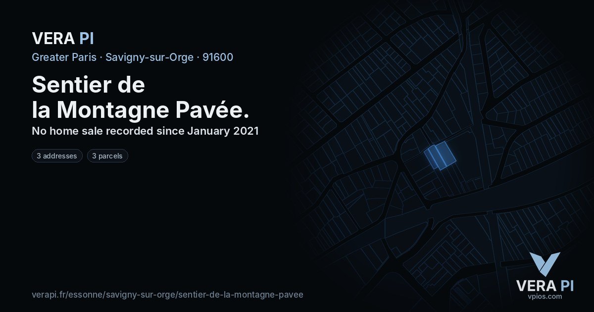 Sentier de la Montagne Pavée, Savigny-sur-Orge at night – every parcel coloured by the prices around it, the street's own parcels lit