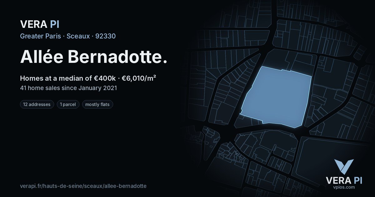 Allée Bernadotte, Sceaux at night – every parcel coloured by the prices around it, the street's own parcels lit