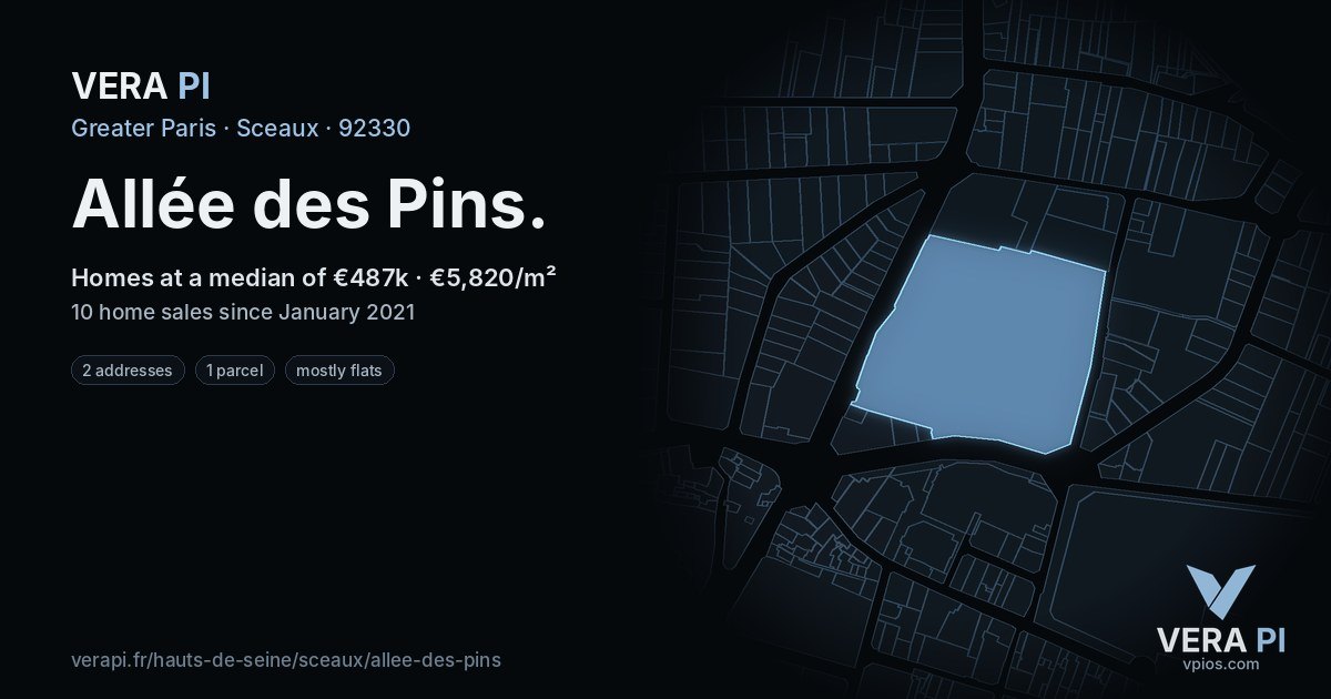 Allée des Pins, Sceaux at night – every parcel coloured by the prices around it, the street's own parcels lit
