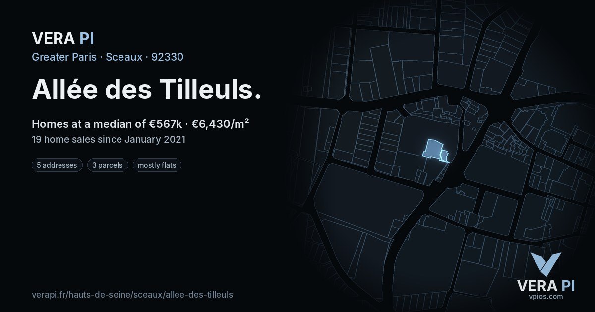 Allée des Tilleuls, Sceaux at night – every parcel coloured by the prices around it, the street's own parcels lit