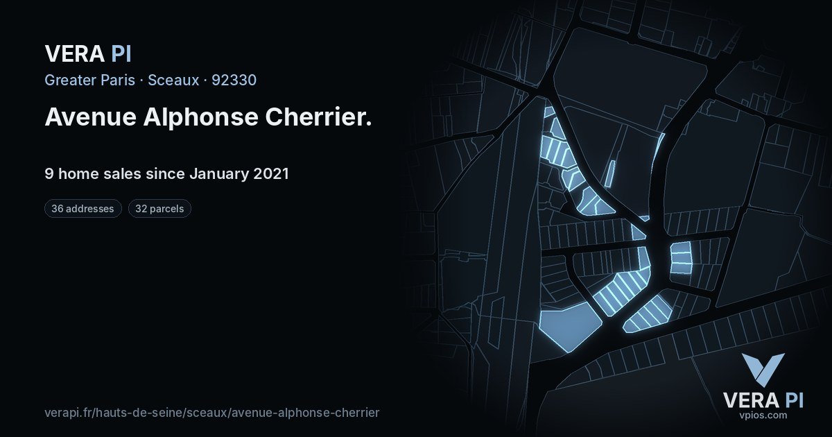 Avenue Alphonse Cherrier, Sceaux at night – every parcel coloured by the prices around it, the street's own parcels lit