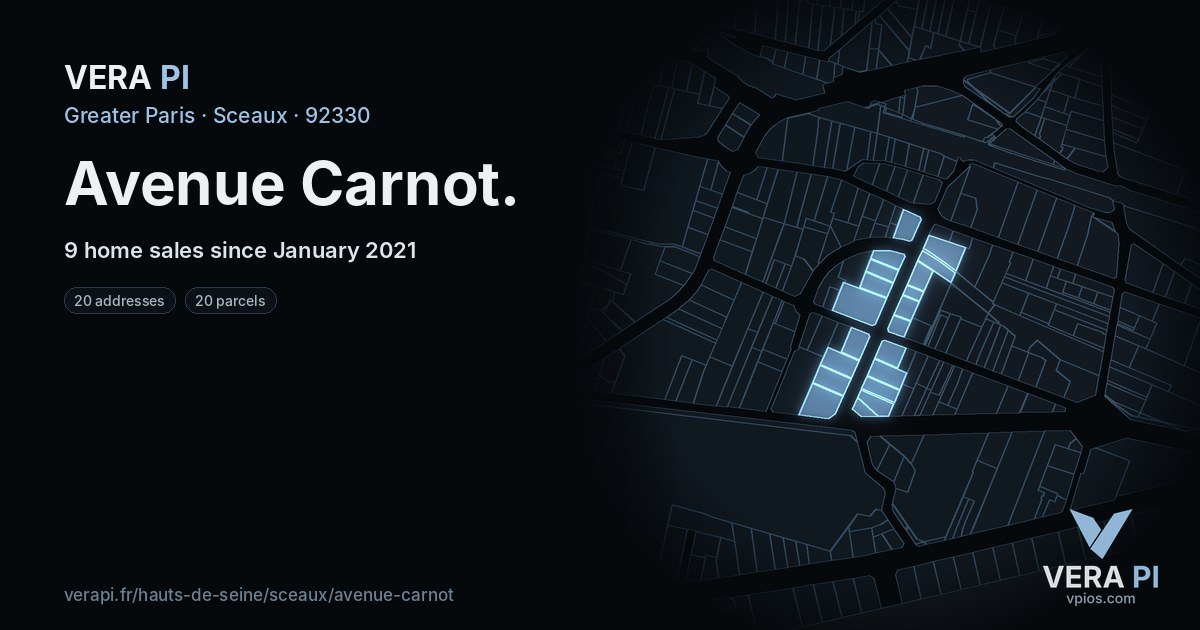 Avenue Carnot, Sceaux at night – every parcel coloured by the prices around it, the street's own parcels lit