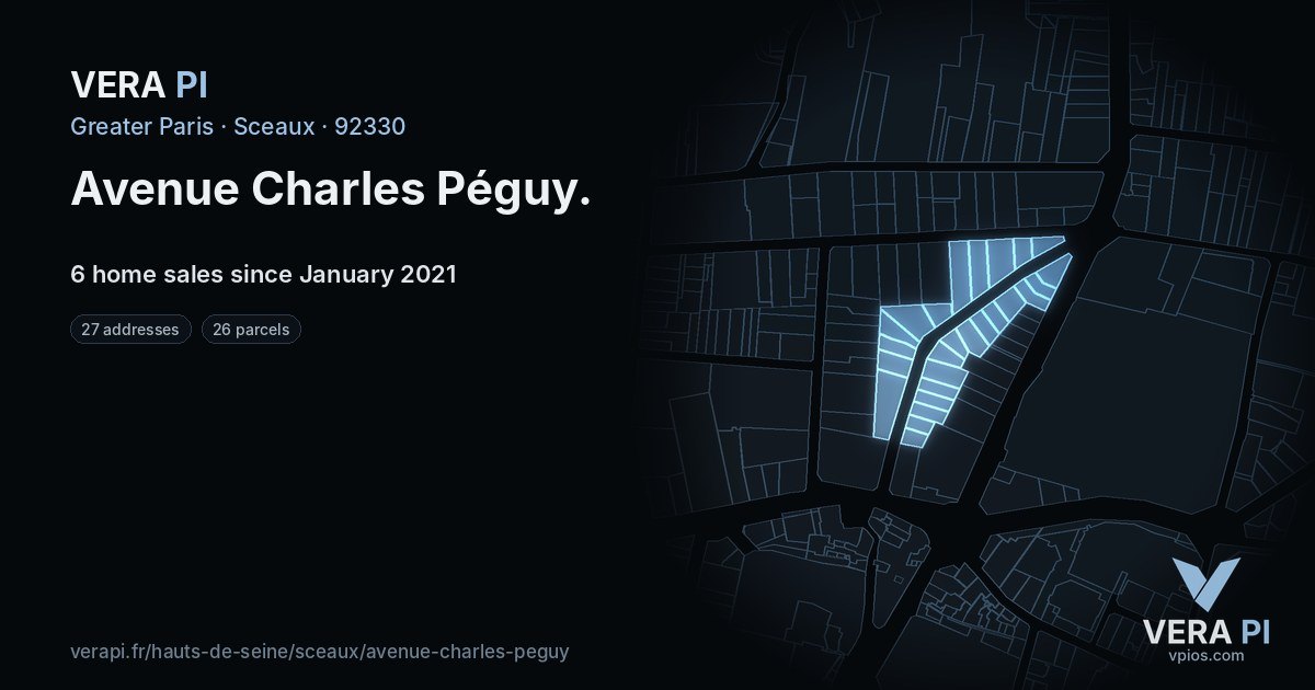 Avenue Charles Péguy, Sceaux at night – every parcel coloured by the prices around it, the street's own parcels lit