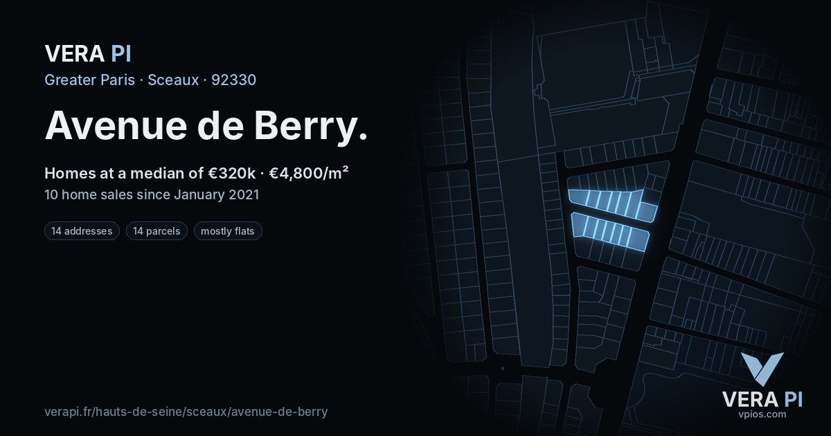 Avenue de Berry, Sceaux at night – every parcel coloured by the prices around it, the street's own parcels lit