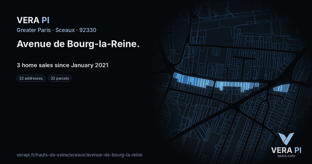 Avenue de Bourg-la-Reine, Sceaux at night – every parcel coloured by the prices around it, the street's own parcels lit