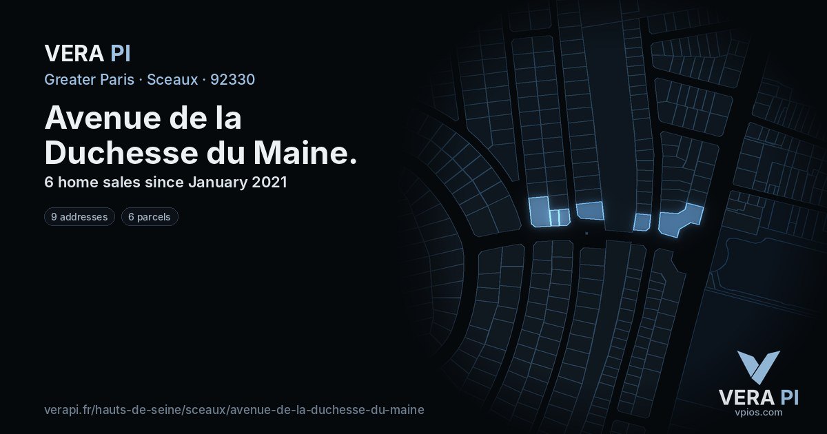 Avenue de la Duchesse du Maine, Sceaux at night – every parcel coloured by the prices around it, the street's own parcels lit