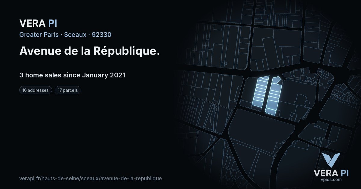 Avenue de la République, Sceaux at night – every parcel coloured by the prices around it, the street's own parcels lit