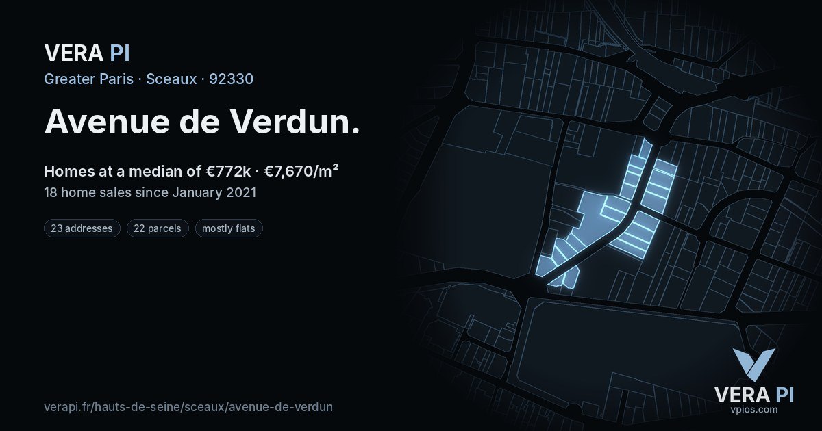 Avenue de Verdun, Sceaux at night – every parcel coloured by the prices around it, the street's own parcels lit