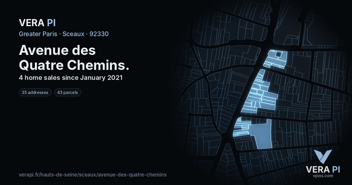 Avenue des Quatre Chemins, Sceaux at night – every parcel coloured by the prices around it, the street's own parcels lit