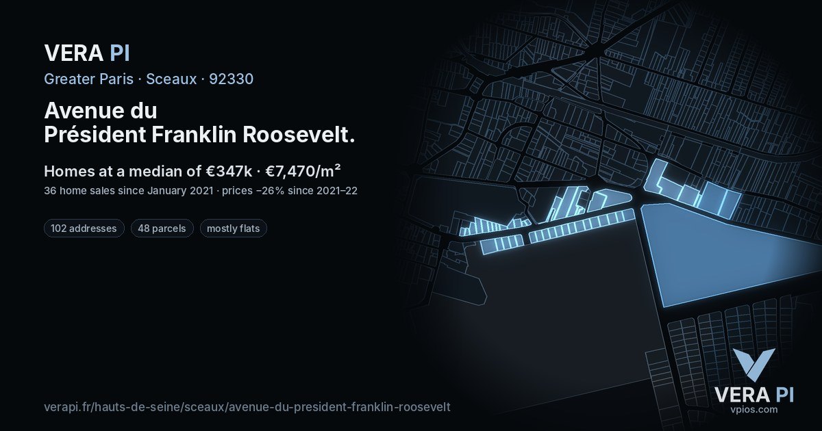 Avenue du Président Franklin Roosevelt, Sceaux at night – every parcel coloured by the prices around it, the street's own parcels lit