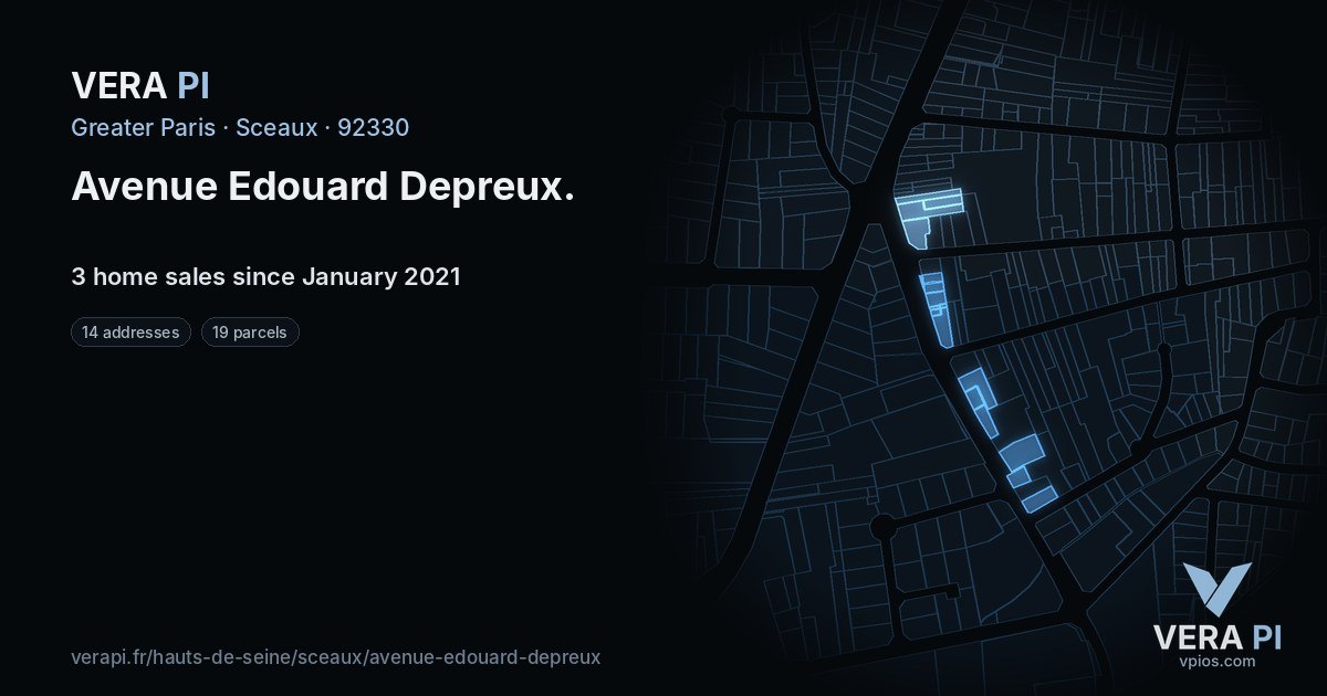 Avenue Edouard Depreux, Sceaux at night – every parcel coloured by the prices around it, the street's own parcels lit