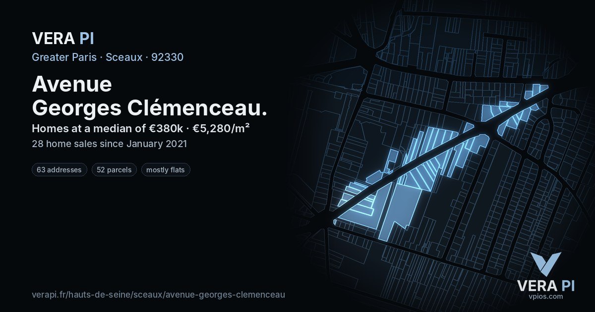 Avenue Georges Clémenceau, Sceaux at night – every parcel coloured by the prices around it, the street's own parcels lit
