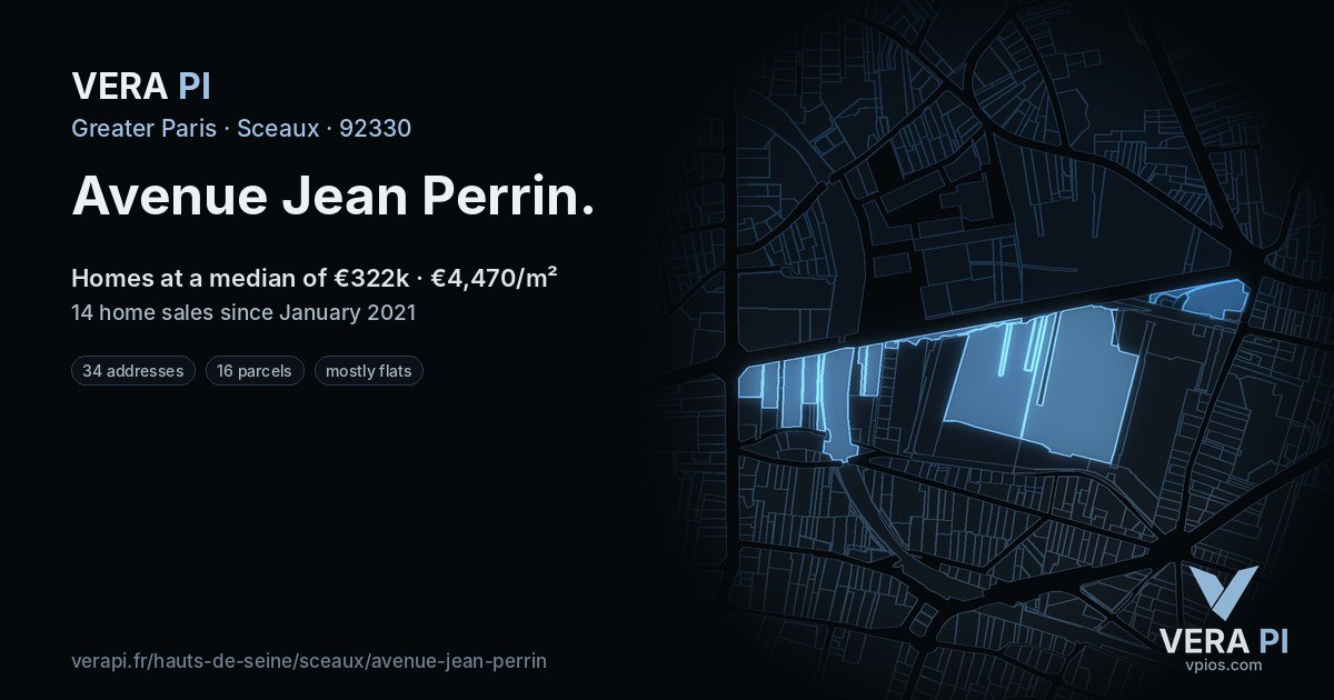 Avenue Jean Perrin, Sceaux at night – every parcel coloured by the prices around it, the street's own parcels lit