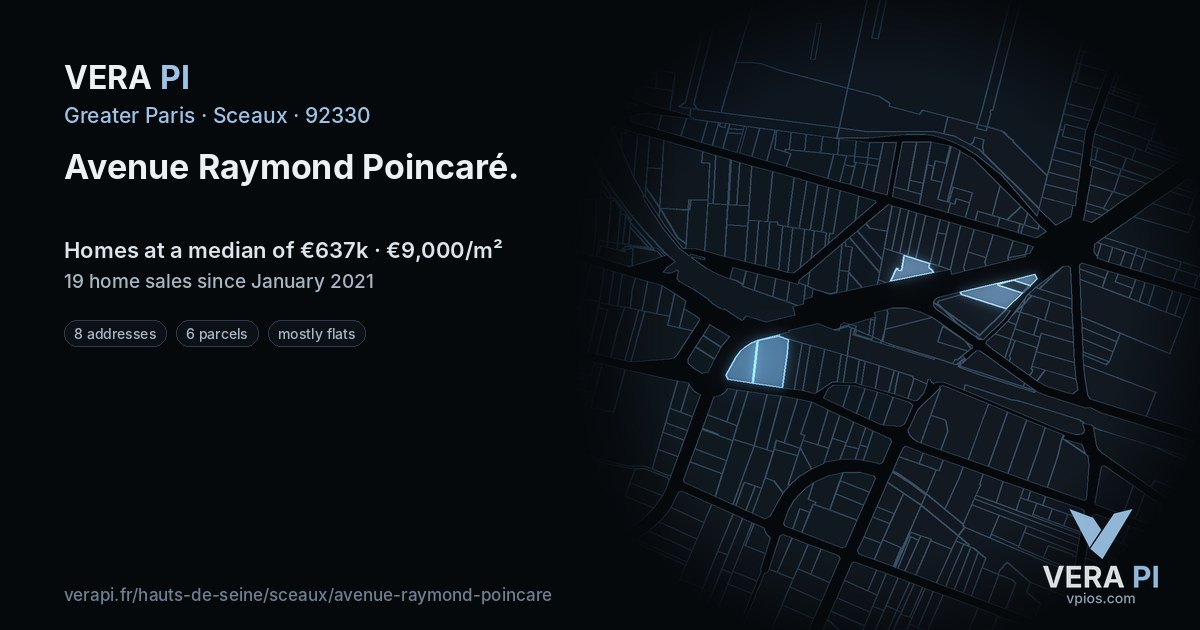Avenue Raymond Poincaré, Sceaux at night – every parcel coloured by the prices around it, the street's own parcels lit