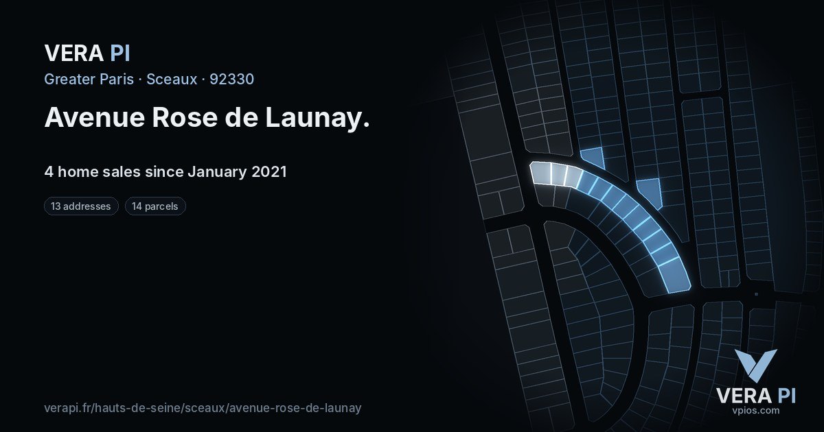 Avenue Rose de Launay, Sceaux at night – every parcel coloured by the prices around it, the street's own parcels lit