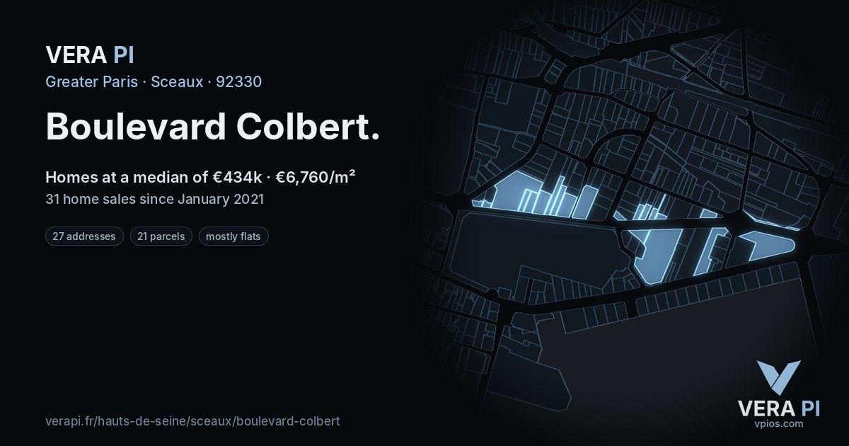 Boulevard Colbert, Sceaux at night – every parcel coloured by the prices around it, the street's own parcels lit