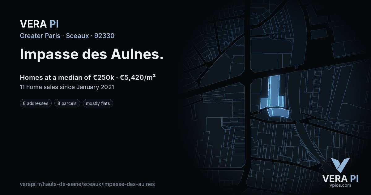 Impasse des Aulnes, Sceaux at night – every parcel coloured by the prices around it, the street's own parcels lit