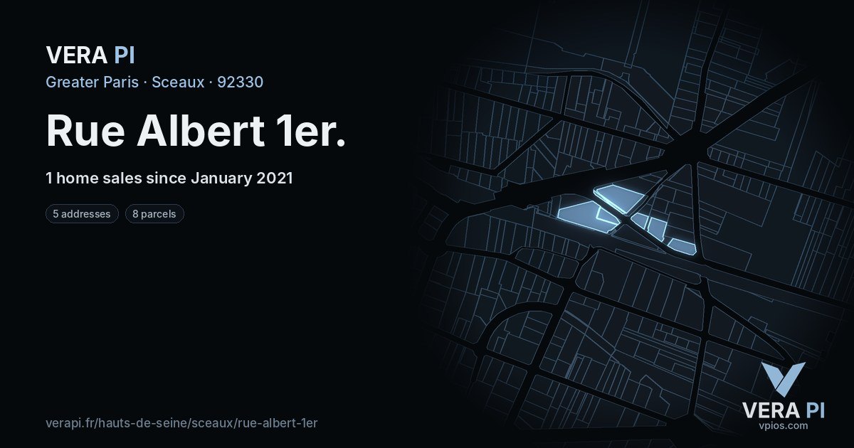 Rue Albert 1er, Sceaux at night – every parcel coloured by the prices around it, the street's own parcels lit