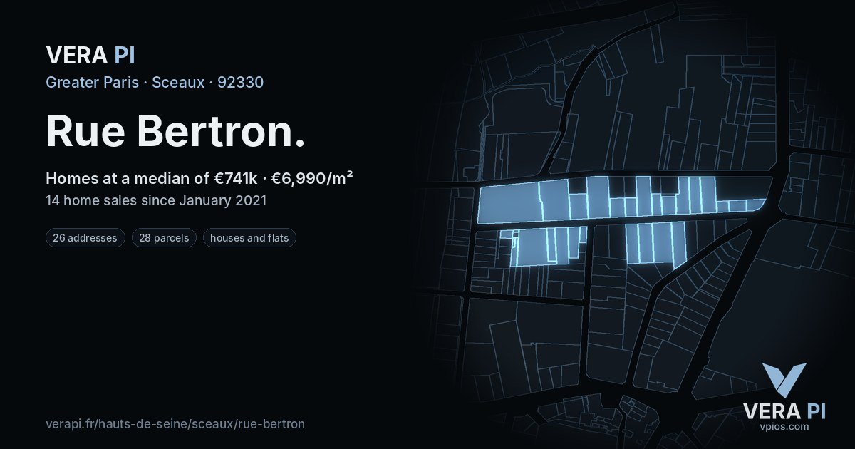 Rue Bertron, Sceaux at night – every parcel coloured by the prices around it, the street's own parcels lit