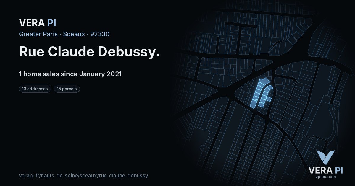 Rue Claude Debussy, Sceaux at night – every parcel coloured by the prices around it, the street's own parcels lit