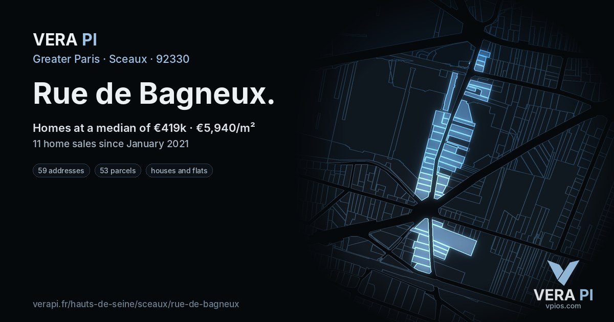 Rue de Bagneux, Sceaux at night – every parcel coloured by the prices around it, the street's own parcels lit
