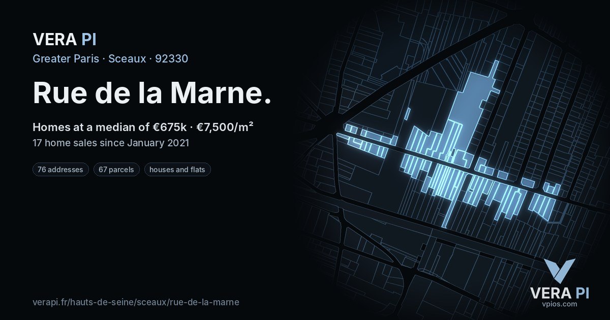 Rue de la Marne, Sceaux at night – every parcel coloured by the prices around it, the street's own parcels lit