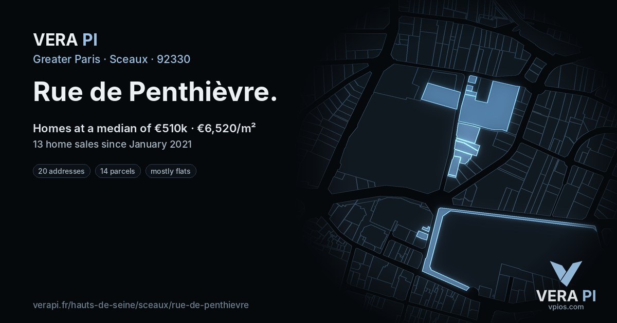 Rue de Penthièvre, Sceaux at night – every parcel coloured by the prices around it, the street's own parcels lit