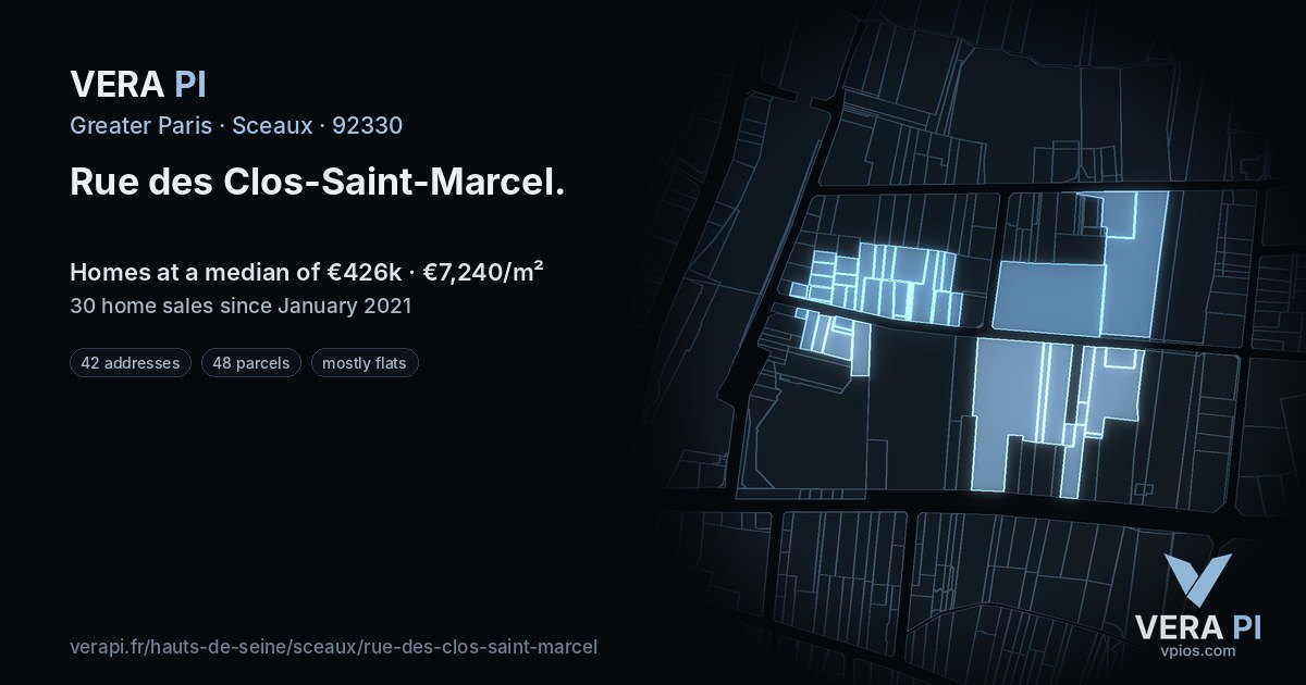 Rue des Clos-Saint-Marcel, Sceaux at night – every parcel coloured by the prices around it, the street's own parcels lit