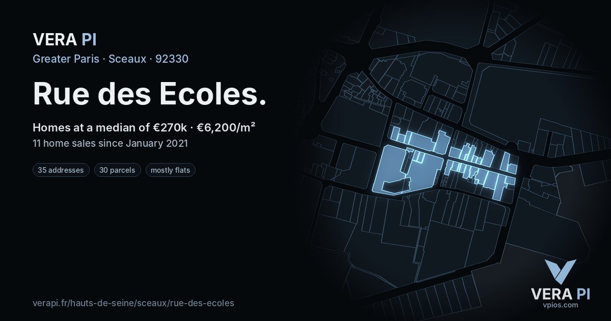 Rue des Ecoles, Sceaux at night – every parcel coloured by the prices around it, the street's own parcels lit