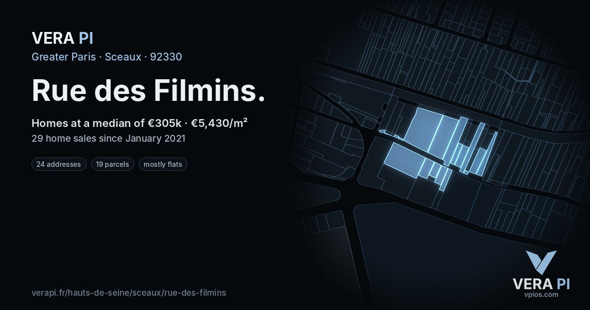 Rue des Filmins, Sceaux at night – every parcel coloured by the prices around it, the street's own parcels lit