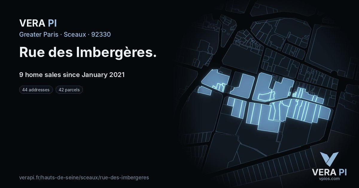 Rue des Imbergères, Sceaux at night – every parcel coloured by the prices around it, the street's own parcels lit