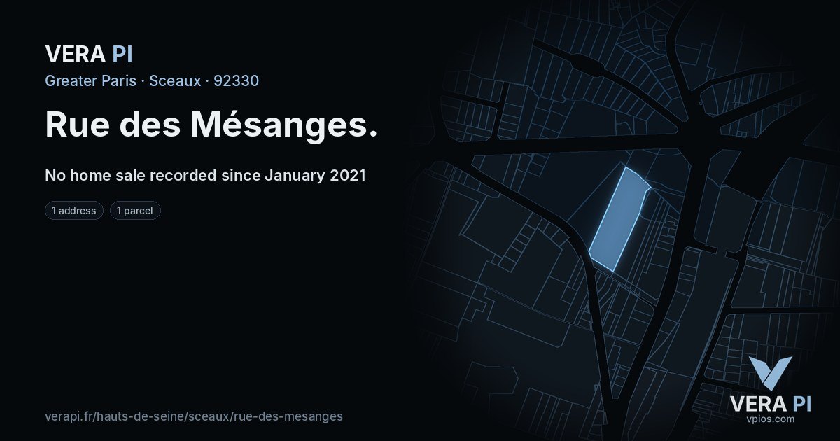 Rue des Mésanges, Sceaux at night – every parcel coloured by the prices around it, the street's own parcels lit