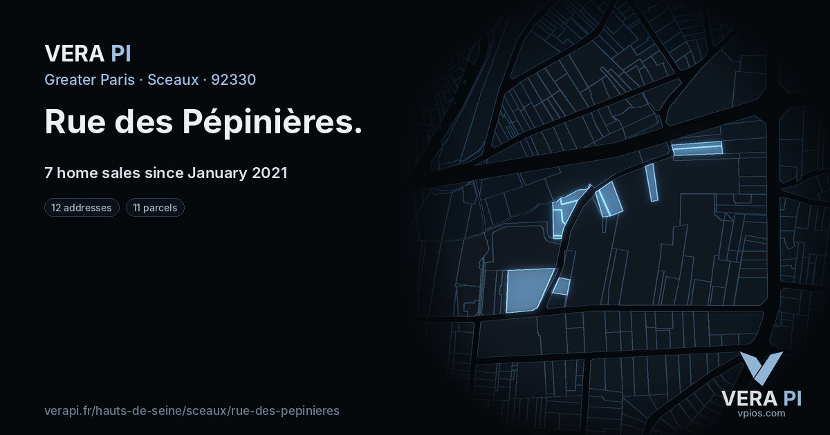 Rue des Pépinières, Sceaux at night – every parcel coloured by the prices around it, the street's own parcels lit