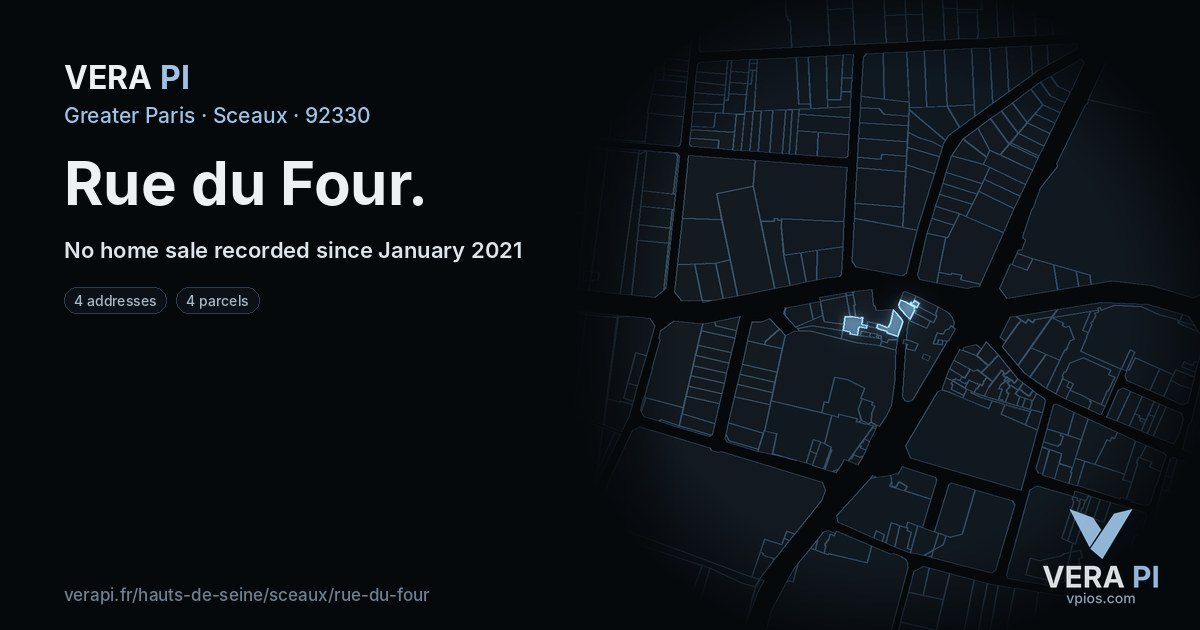 Rue du Four, Sceaux at night – every parcel coloured by the prices around it, the street's own parcels lit