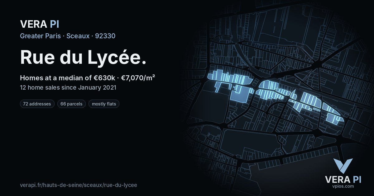 Rue du Lycée, Sceaux at night – every parcel coloured by the prices around it, the street's own parcels lit