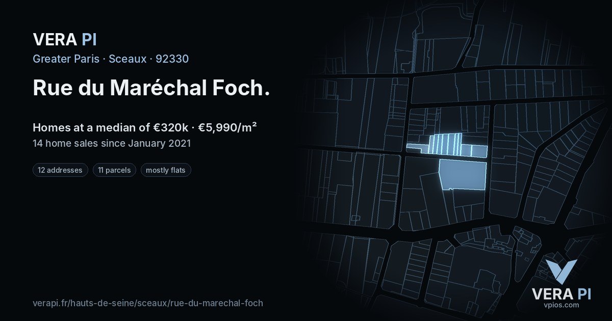Rue du Maréchal Foch, Sceaux at night – every parcel coloured by the prices around it, the street's own parcels lit