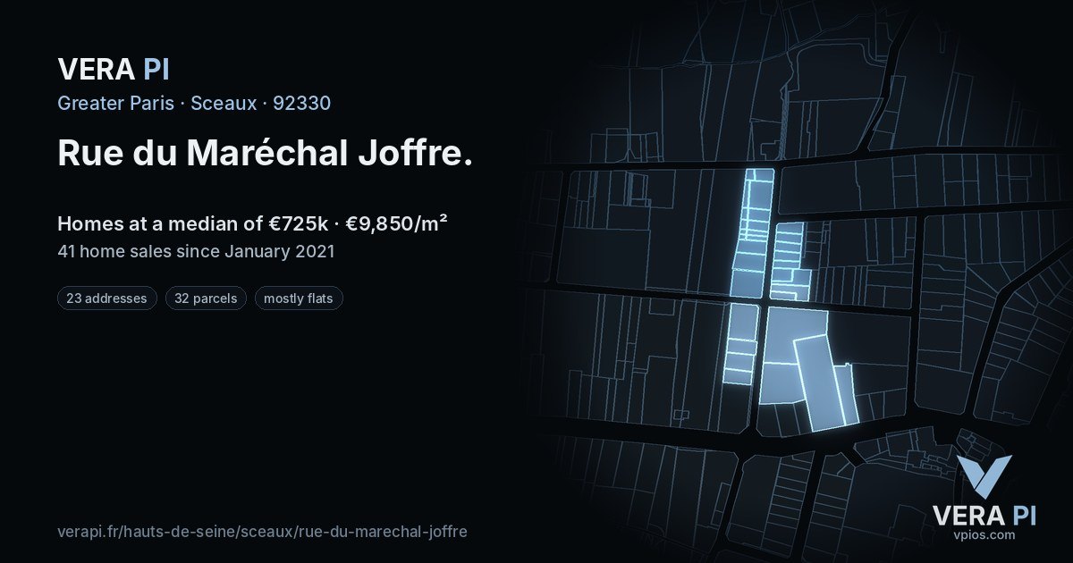 Rue du Maréchal Joffre, Sceaux at night – every parcel coloured by the prices around it, the street's own parcels lit
