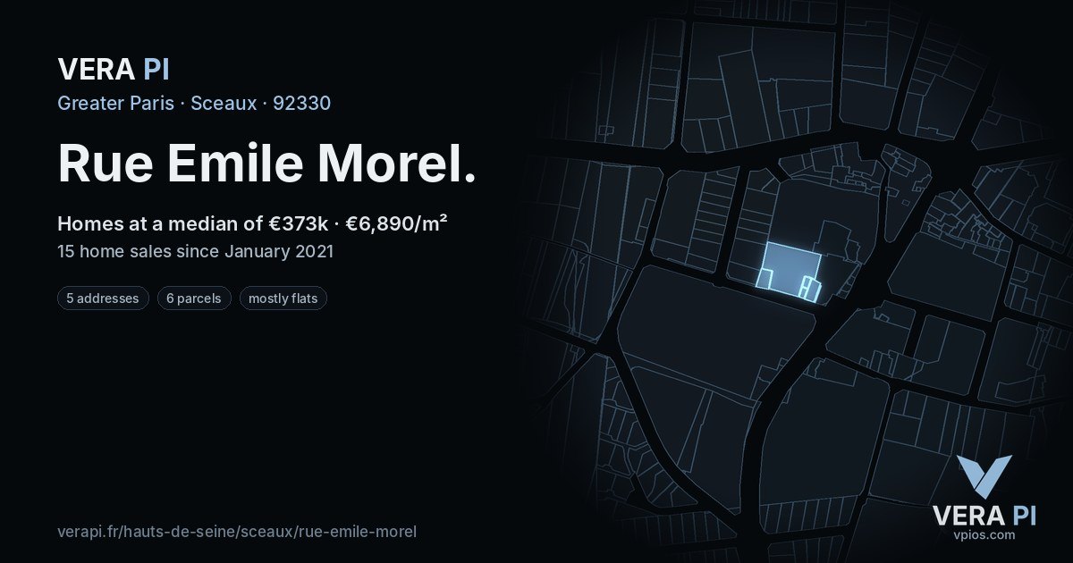 Rue Emile Morel, Sceaux at night – every parcel coloured by the prices around it, the street's own parcels lit