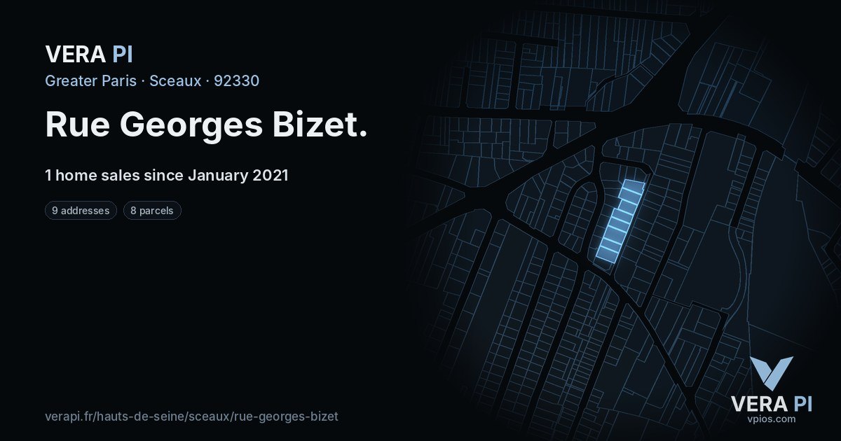 Rue Georges Bizet, Sceaux at night – every parcel coloured by the prices around it, the street's own parcels lit