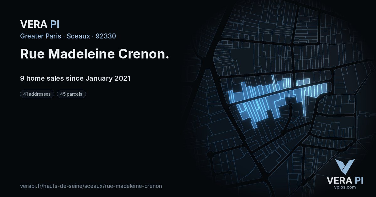 Rue Madeleine Crenon, Sceaux at night – every parcel coloured by the prices around it, the street's own parcels lit