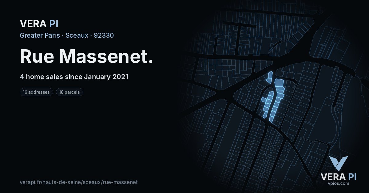 Rue Massenet, Sceaux at night – every parcel coloured by the prices around it, the street's own parcels lit