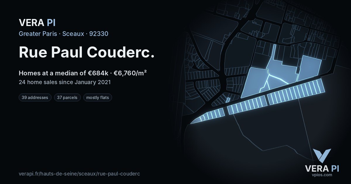 Rue Paul Couderc, Sceaux at night – every parcel coloured by the prices around it, the street's own parcels lit
