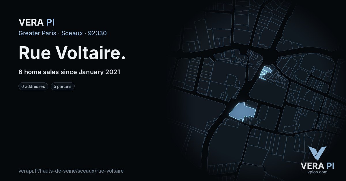 Rue Voltaire, Sceaux at night – every parcel coloured by the prices around it, the street's own parcels lit