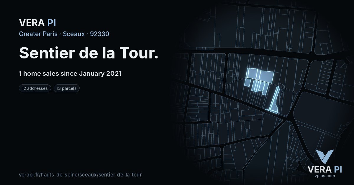 Sentier de la Tour, Sceaux at night – every parcel coloured by the prices around it, the street's own parcels lit